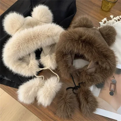 Cute Bear Ear Plush Trapper Hat with Pompom - Image 7