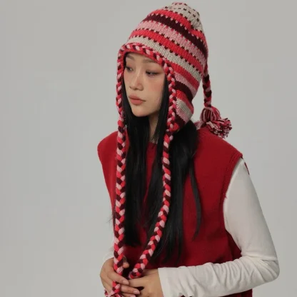 Stylish Knitted Trapper Hat with Striped Pattern - Image 2