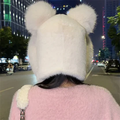 Cute Bear Ear Plush Trapper Hat with Pompom - Image 8