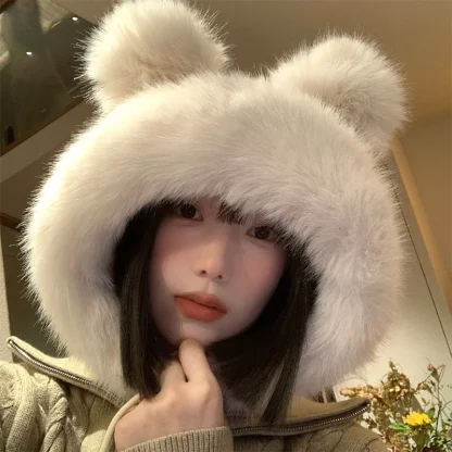 Cute Bear Ear Plush Trapper Hat with Pompom - Image 6