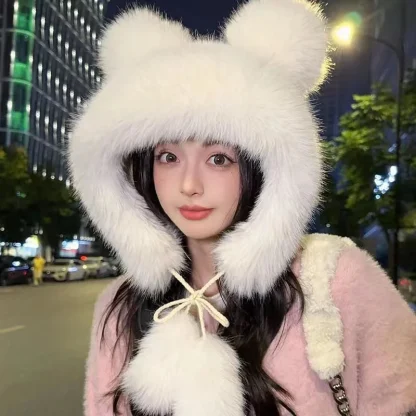 Cute Bear Ear Plush Trapper Hat with Pompom - Image 2