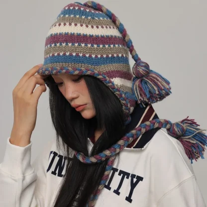 Stylish Knitted Trapper Hat with Striped Pattern - Image 4