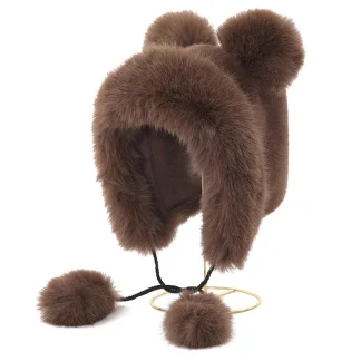 Cute Bear Ear Plush Trapper Hat with Pompom